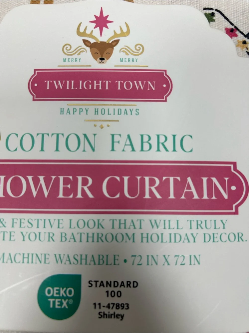 Twilight Town Christmas Reindeer Pink Peppermint Shower Curtain 72x72 NWT
